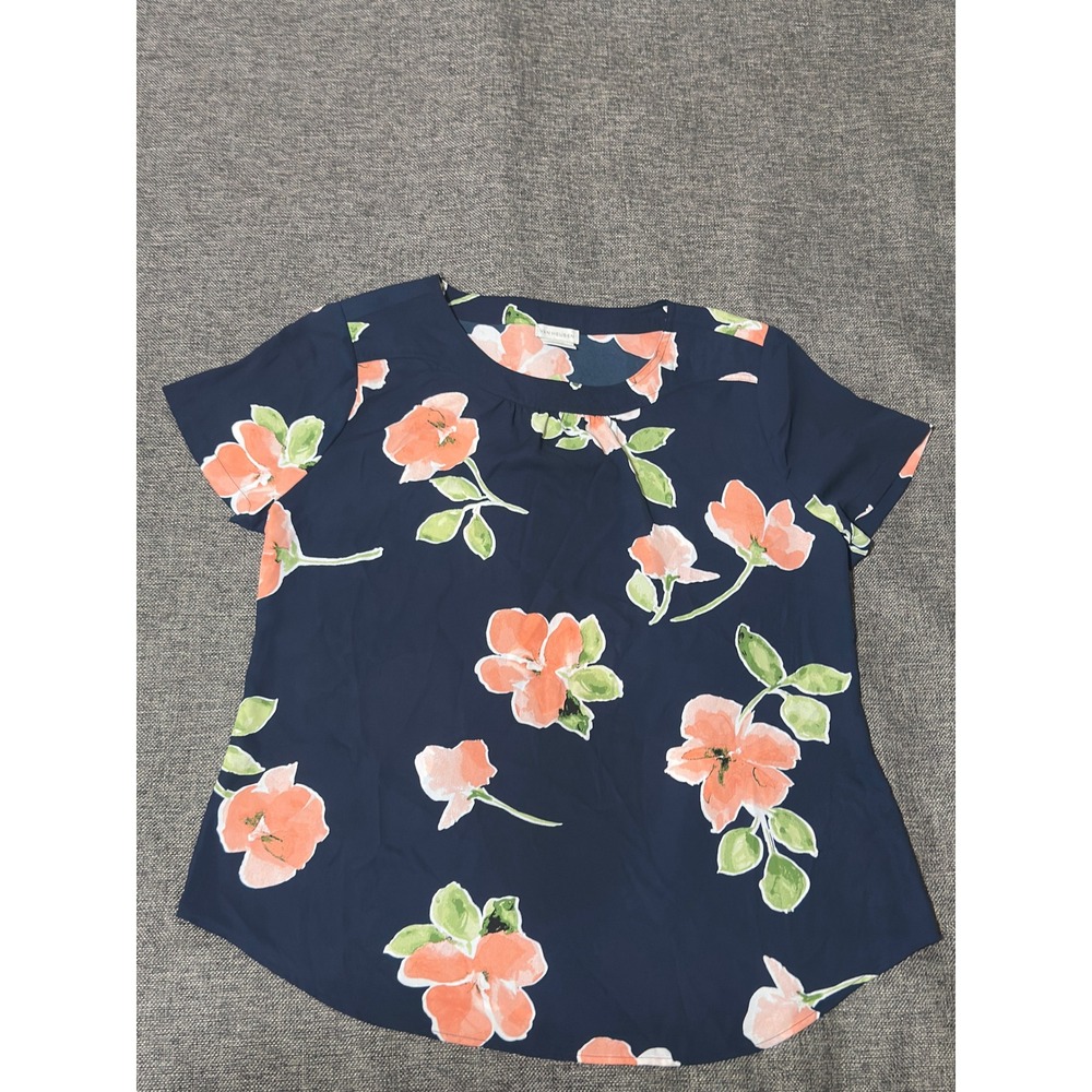Van Heusen Womens Large Blouse Navy Blue Orange Floral Short Sleeve Pleated Neck